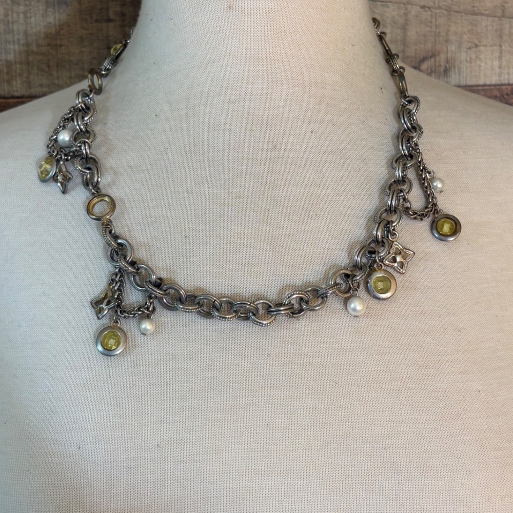 Mixed Metal Multi-Strand Charm Necklace Yellow Crystal Pearl Star Toggle 18"